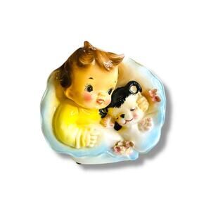 Vintage Rubens Baby Ceramic Planter Cuddling with Animal 5" x 3"